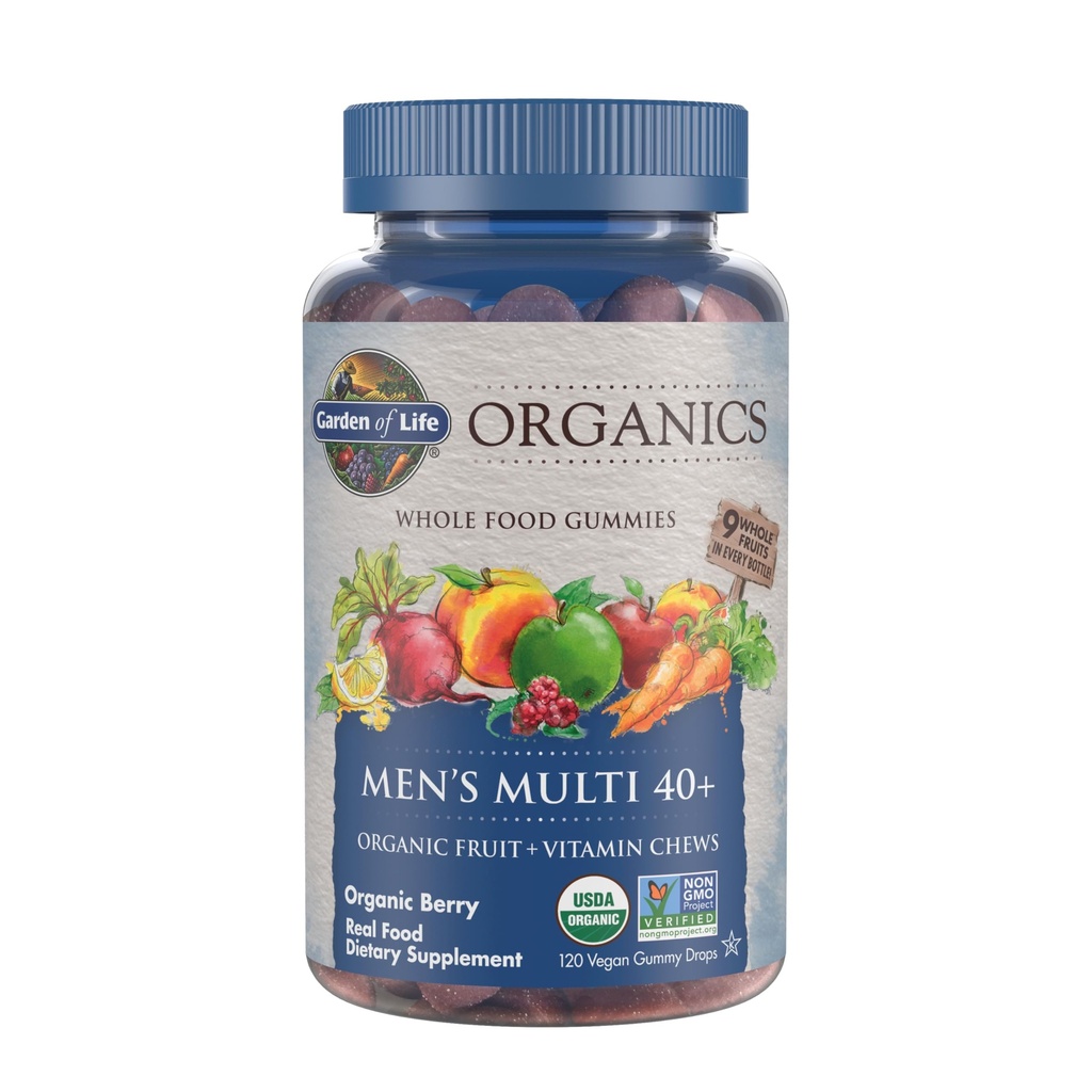 Tuin van het leven Organics Mannen 40+ Gummy Vitaminen - Berry - Certified Organic, Non-GMO, Vegan, Kosher Complete Multi - Methyl B12, C & D3 - Gluten, soja & Dairy Free, 120 Real Fruit Gummies