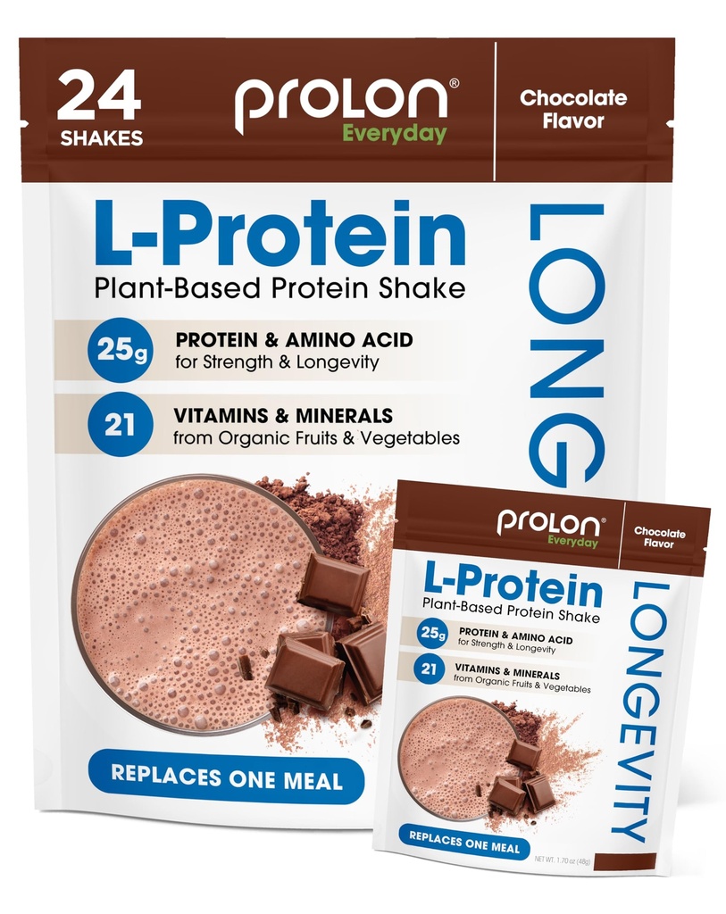 Prolon Longévité en poudre de protéines à base de plantes: Synthèse et réparation musculaires, Vieillissement en santé, Performance accrue: Vitamines, Sans gluten, Acides aminés, Antioxydants: 25g de protéines: Chocolat, 24 paquets