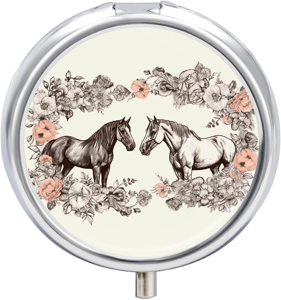Ronde metalen pil Box,Flowers en paarden Hand getrokken Gedrukt Travel Pill Organizer Portable Pill Container kleine pil Box voor portemonnee en zak voor het opslaan van vitaminen, geneesmiddelen en supplementen