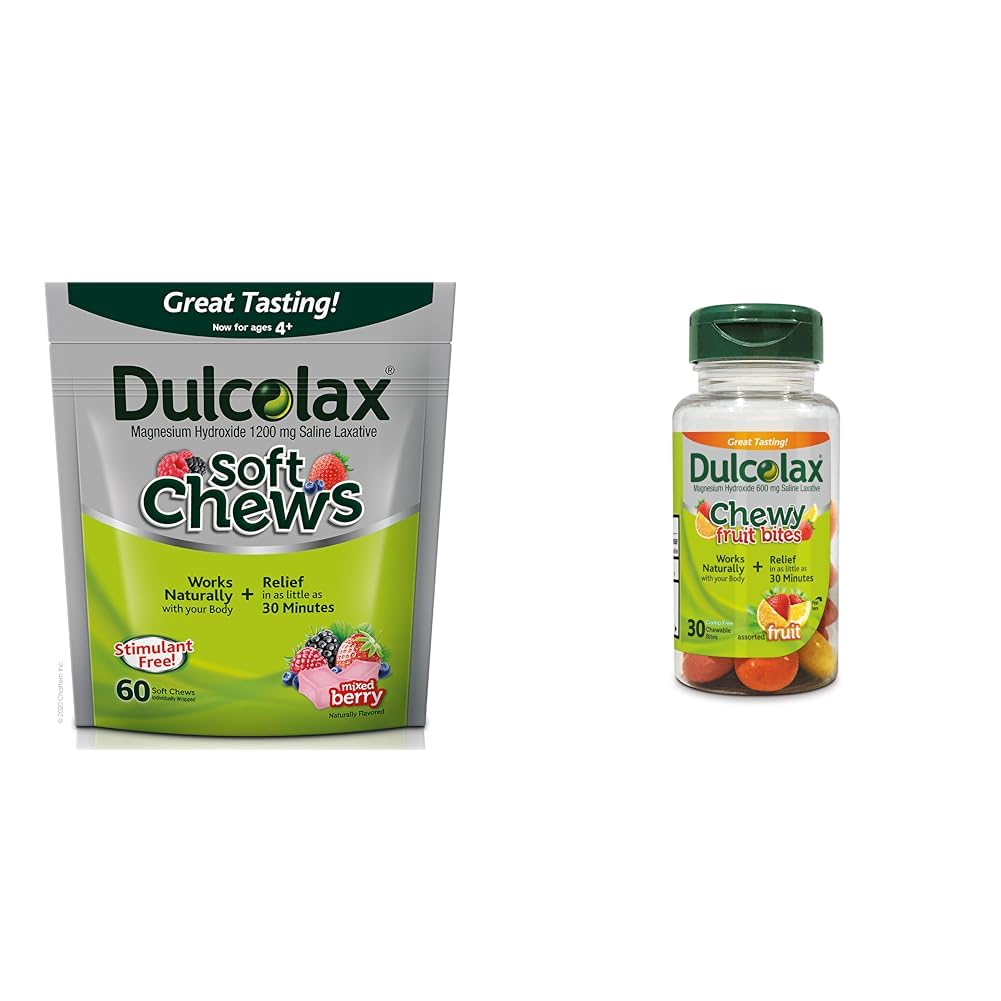 Dulcolax Zachte Kauwen Saline Laxative Gemengde Bessen (60ct) Zachte Constipatie Relief, Magnesium Hydraoxide 1200mg & Chewy Fruit Bites, Saline Laxative, Assorted Fruit (30ct) Krampvrije Constipatie Relief