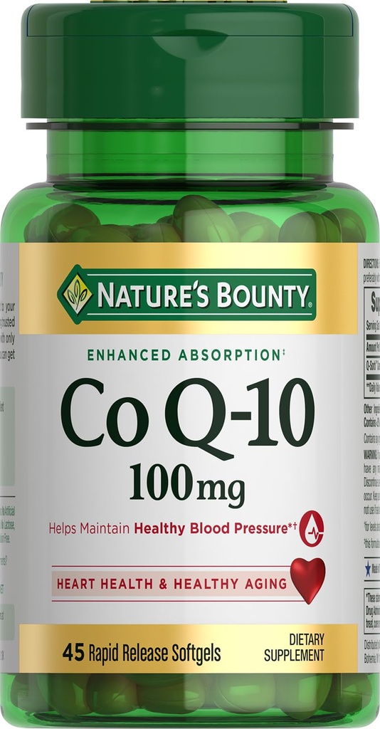 Nature's Bounty CoQ10 100mg for Heart Health Support, Non-GMO Q-Sorbib Coenzyme Q-10 Antioxidant Support and Cardiovasculaire Wellness, Dieetsupplement, Rapid Release Softgels, 45 st.
