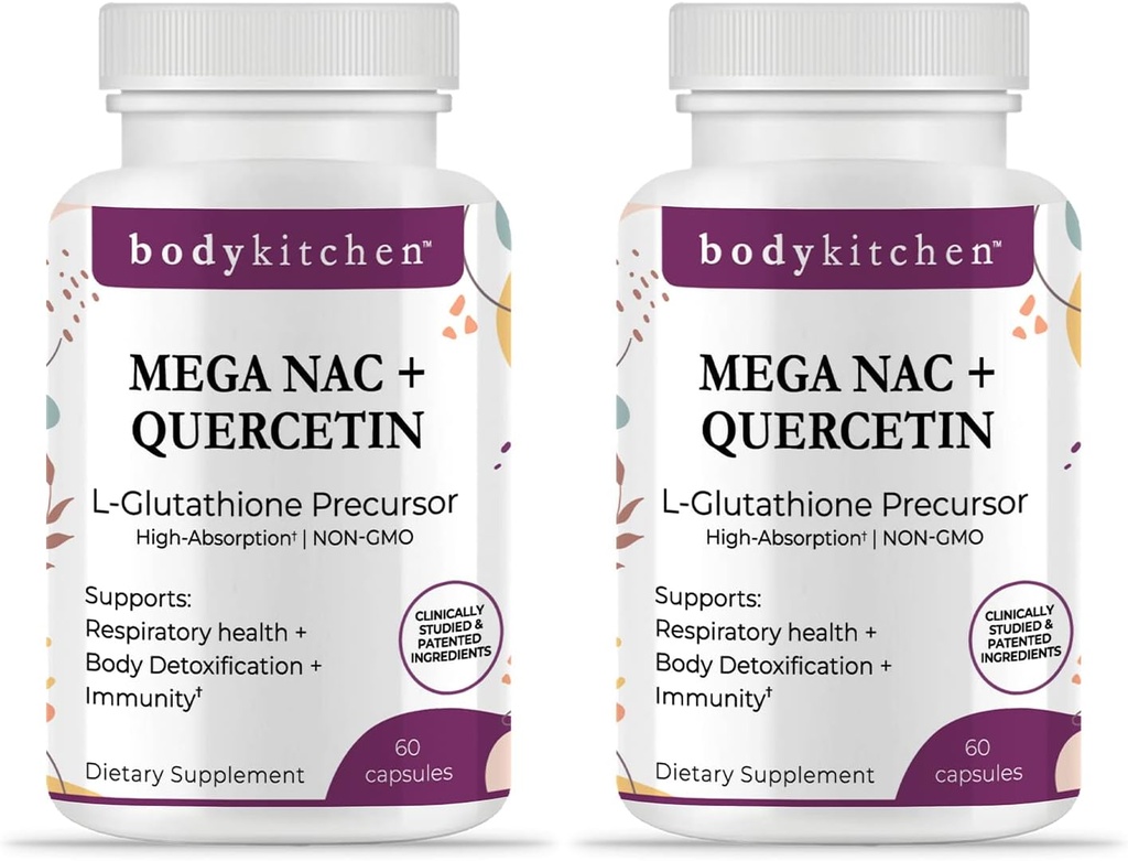 Body Keuken Mega NAC (N-Acetyl Cysteine) 600 mg met quercetine, ondersteunt de ademhalingsgezondheid en de immuunfunctie en bevordert lever- en nierdetox, Veggie Caps, (verpakking van 2)