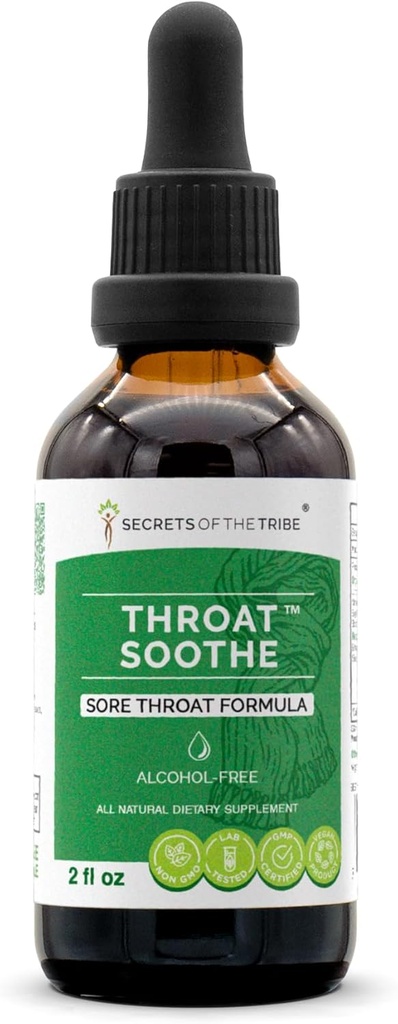 Throat Soothe Alcoholvrije Extract, High-Potency Kruidendruppels, Tinctuur Gemaakt van Tinctuur, Licorice, Slippery Elm, Marshmallow, Salie, Echinacea, Vlierbes. Sore Throat Formula 2 oz