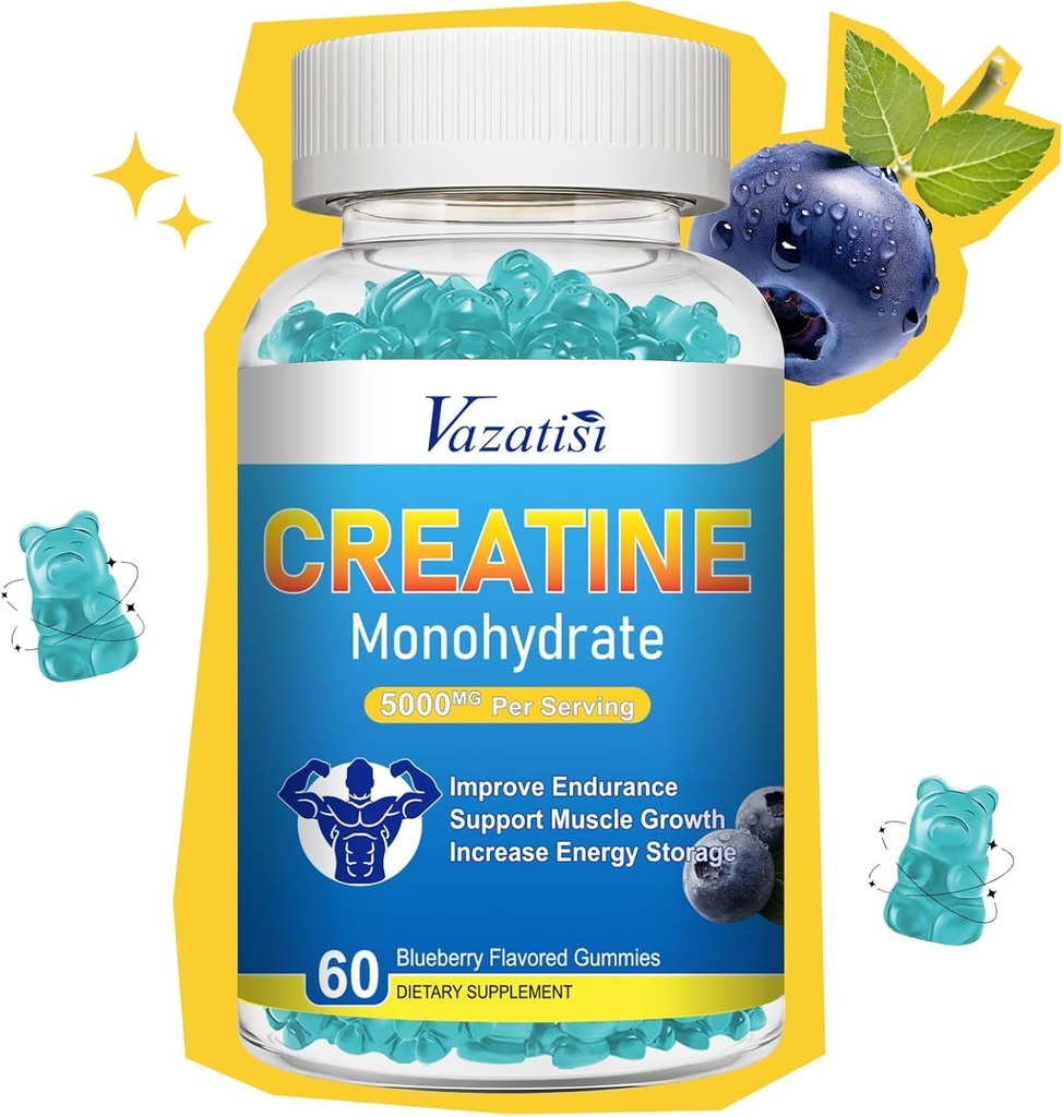 Creatine Monohydraat Gummy's voor vrouwen en mannen, Suikervrije Vegan Creatine Supplement voor Build Muscles, Verhoog energie en kracht, Blueberry Flavor, 60 Tellen