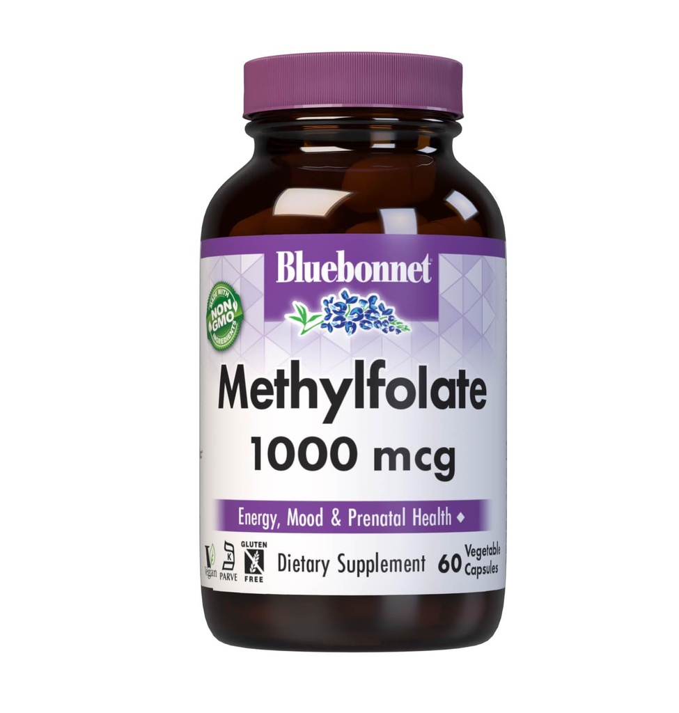BlueBonnet Nutrition Methylfolaat 1000 mcg, for Energy, Mood, and Prenatal Health*, Non-GMO, Vegan, Kosher Certified, Gluten-Free, 60 plantaardige capsules, 60 porties