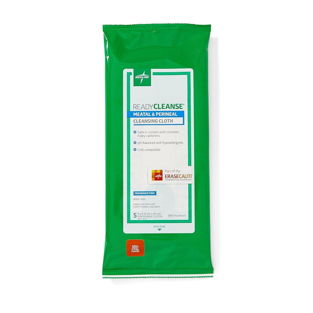 Medline Readycleanse Meatal and Perineal Cleansing Cloth, Fragrance Free, Hypoallergeen, 8" x 8," 5 Count (Pack of 30)
