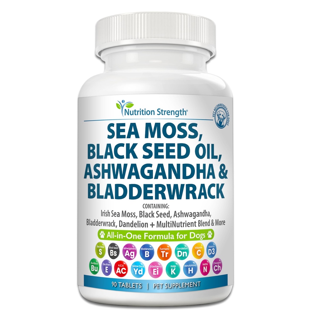 Sea Moss for Dogs 750mg Black Seed Oil 500mg Ashwagandha 250mg Kurkuma 250mg Bladderwrack 250mg Dandelion 250mg & Vitamine C Vitamine D3 met Vlierberry Manuka Yellow Dock 90 tabletten