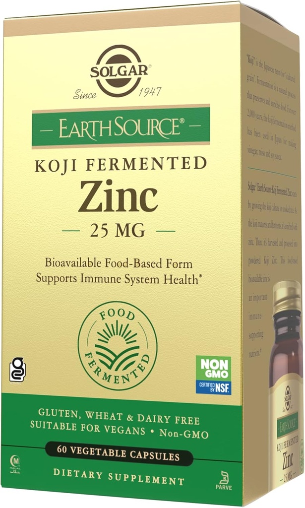 Solgar Earth Source Food Fermented Koji Zink 25mg, 60 plantaardige capsules - Hogere absorptie, Biobeschikbaarheid Zink voor Immune & Skin Health - Non-GMO, Vegan, Gluten No, Dairy No, Kosher - 60 porties
