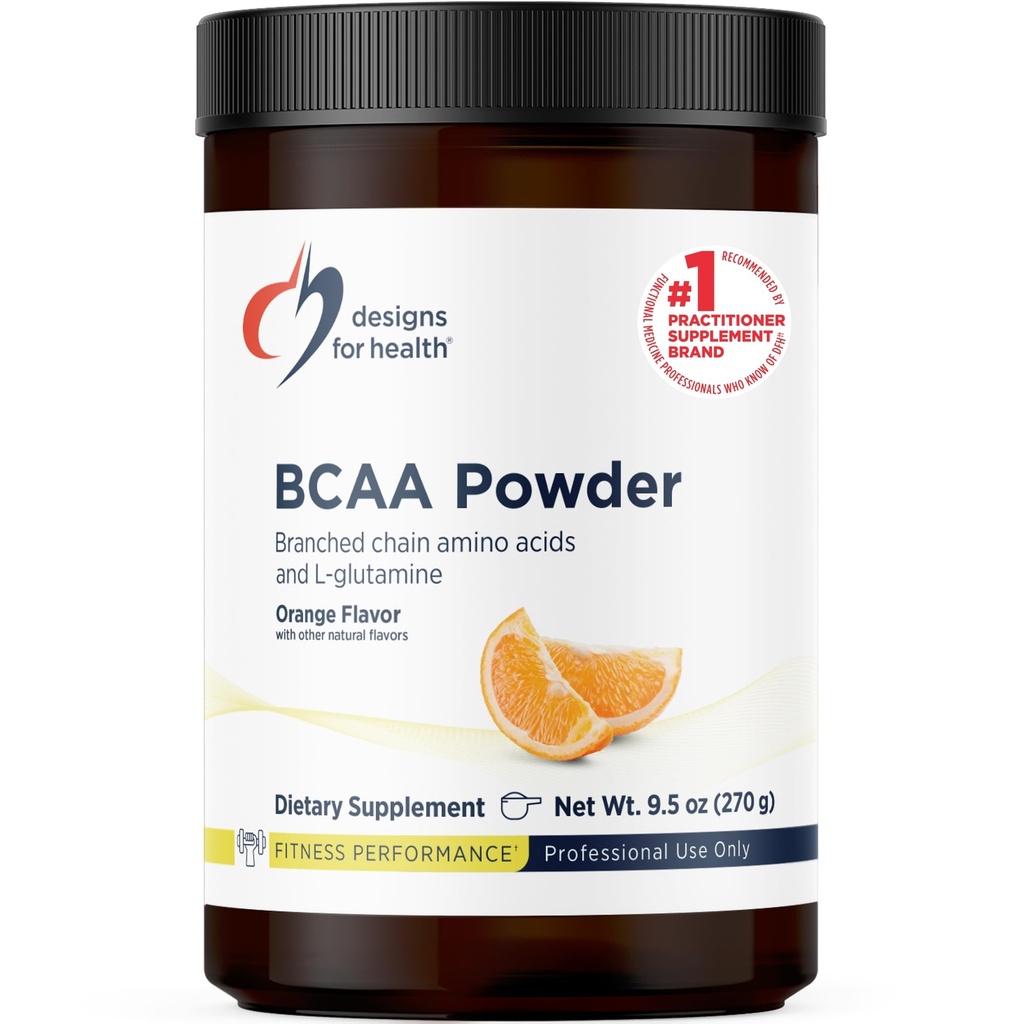 Designs for Health BCAA Powder with L-Glutamine - Branched Chain Amino Acids Powder + L-Glutamine Supplement to Support Muscles + Workouts - Orange Flavored Drink Mix (30 Serves / 270g)
