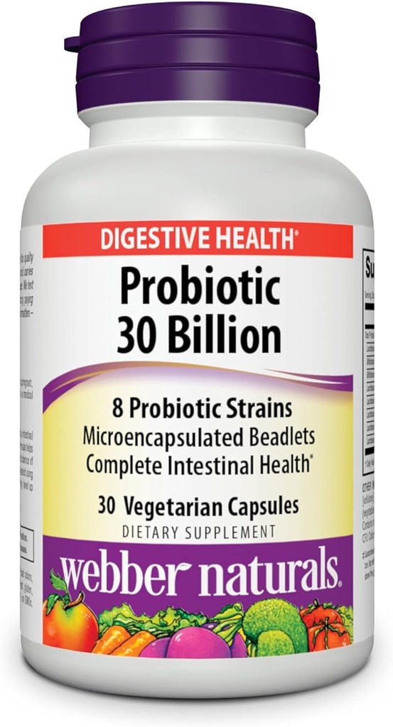 Webber Naturals Probiotica, Hoge Potentie, 30 miljard CFU, voor mannen, vrouwen en volwassenen, Plank Stable (geen koeling vereist), 8 Probiotische Strains, 30 Vegetarische Capsules, voor de spijsvertering gezondheid