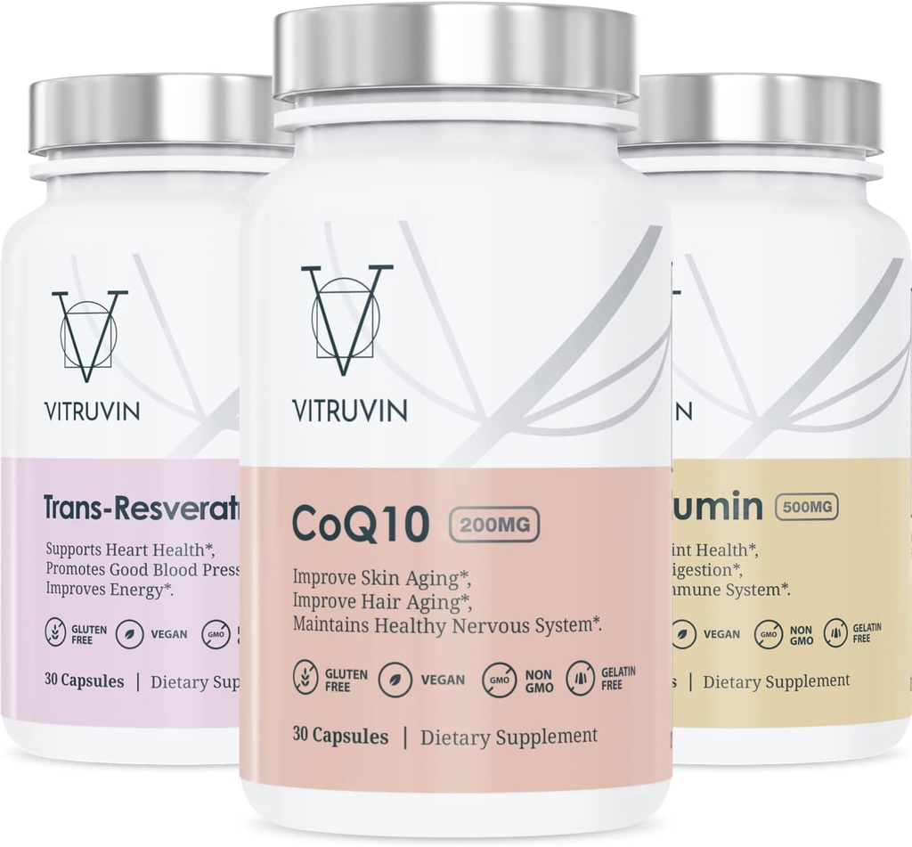Vitruvin Beauty + Comfort Pack COQ10 200mg + Trans- Resveratrol 500mg + Curcumin 500mg, Veganistisch, Non-GMO, Glutenvrij, Gelatinevrij. Gezonde huid, Hear, joints en hersenen