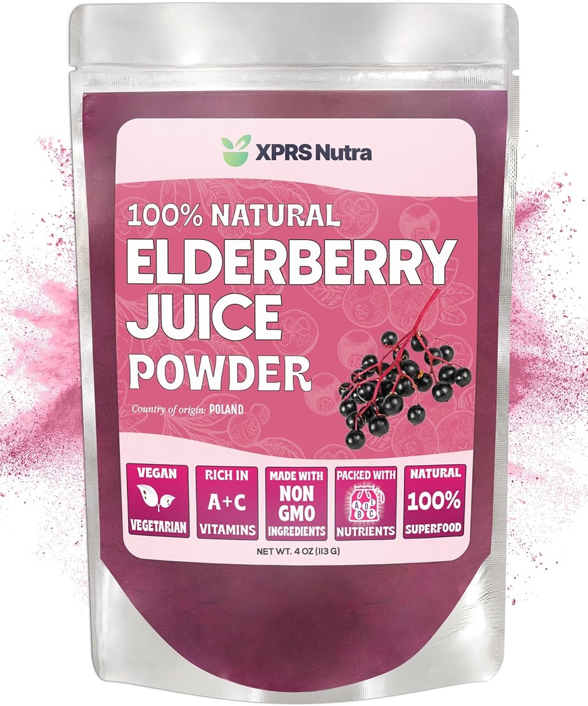 XPRS Nutra Vlierbessensappoeder - Vlierbessenpoeder Biologische Fruitsapmix - Gepoederde Vlierbessensupplement Rijk aan vitamine A en C (4 oz)