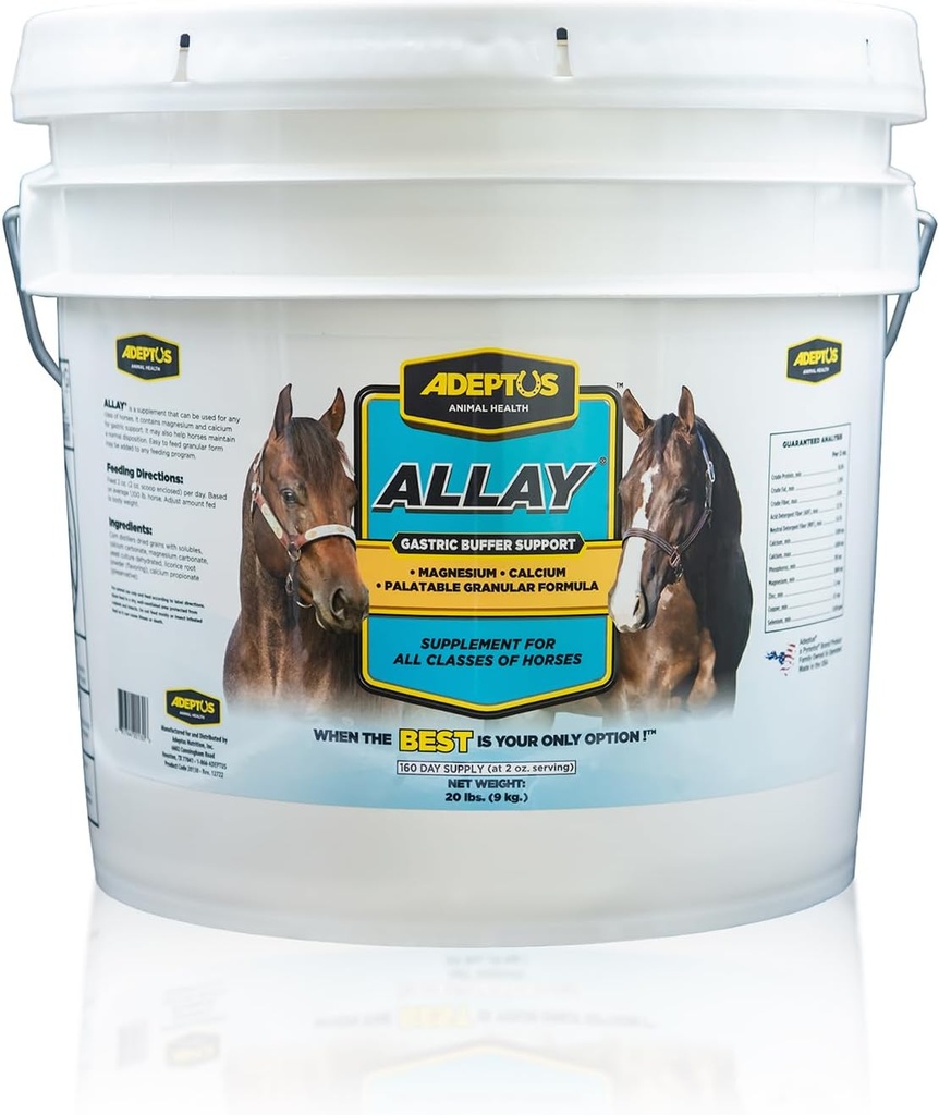 Adeptus Nutrition Allay Supplément équine, tampon digestif avec calcium et magnésium, formule granulaire calmante avec réglisse, base prébiotique, culture de levure, soutien pour toutes les catégories de chevaux, 20 Lb