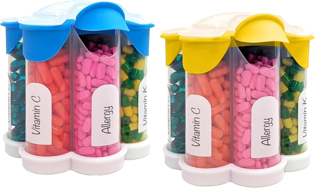 Extra grote pil Organizer dagelijks, wekelijks, maandelijkse supplement fles, schattige Blossom pil Dispenser met 7 XL Compartments (2 Pack Combo) (Licht Blauw en Geel)