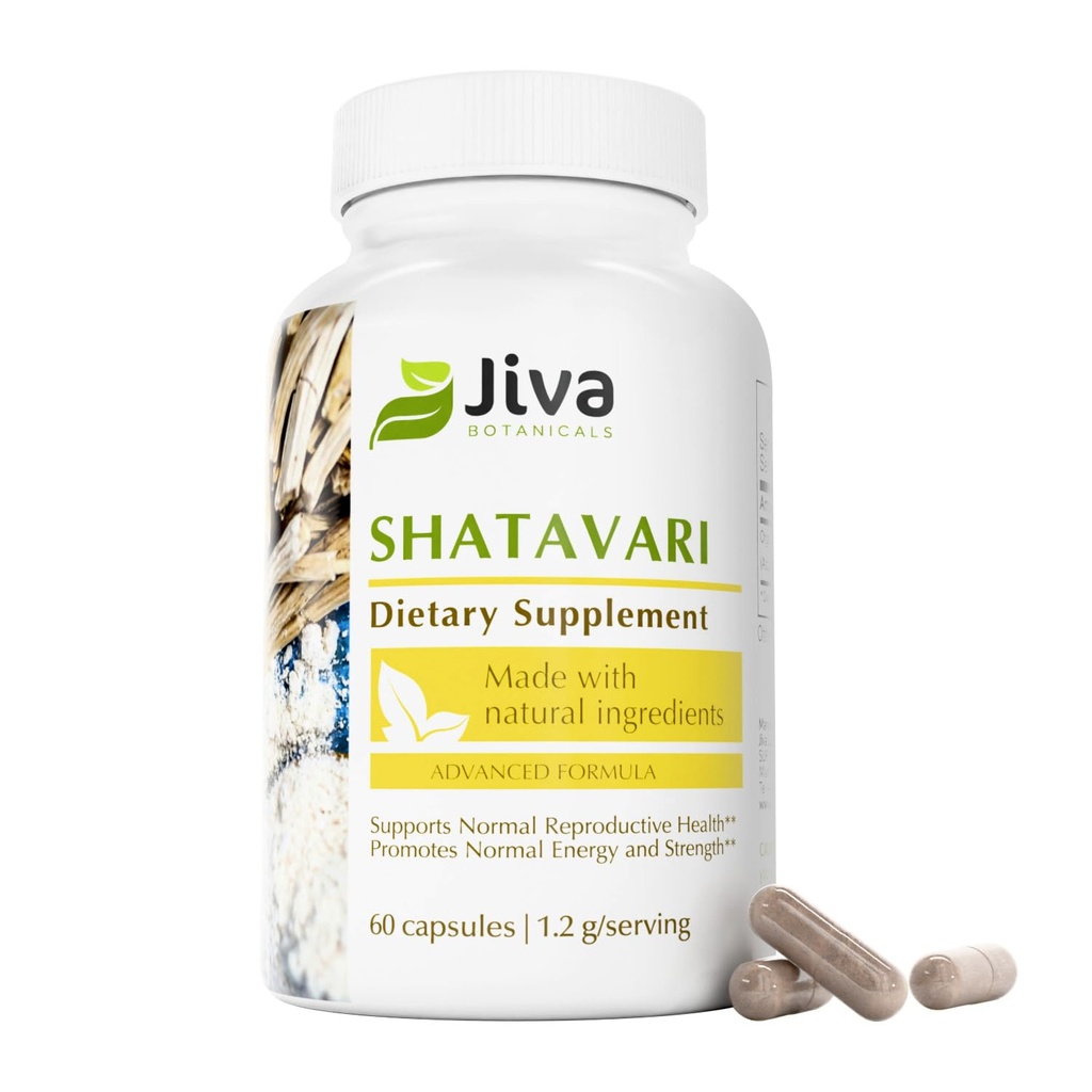 Jiva Botanicals Shatavari Capsules pour femmes – 1 200mg Shatavari poudre biologique pour équilibre hormonal, femmes santé reproductive et soutien à la ménopause – non-OGM, végétalien, sans gluten – 60 capsules