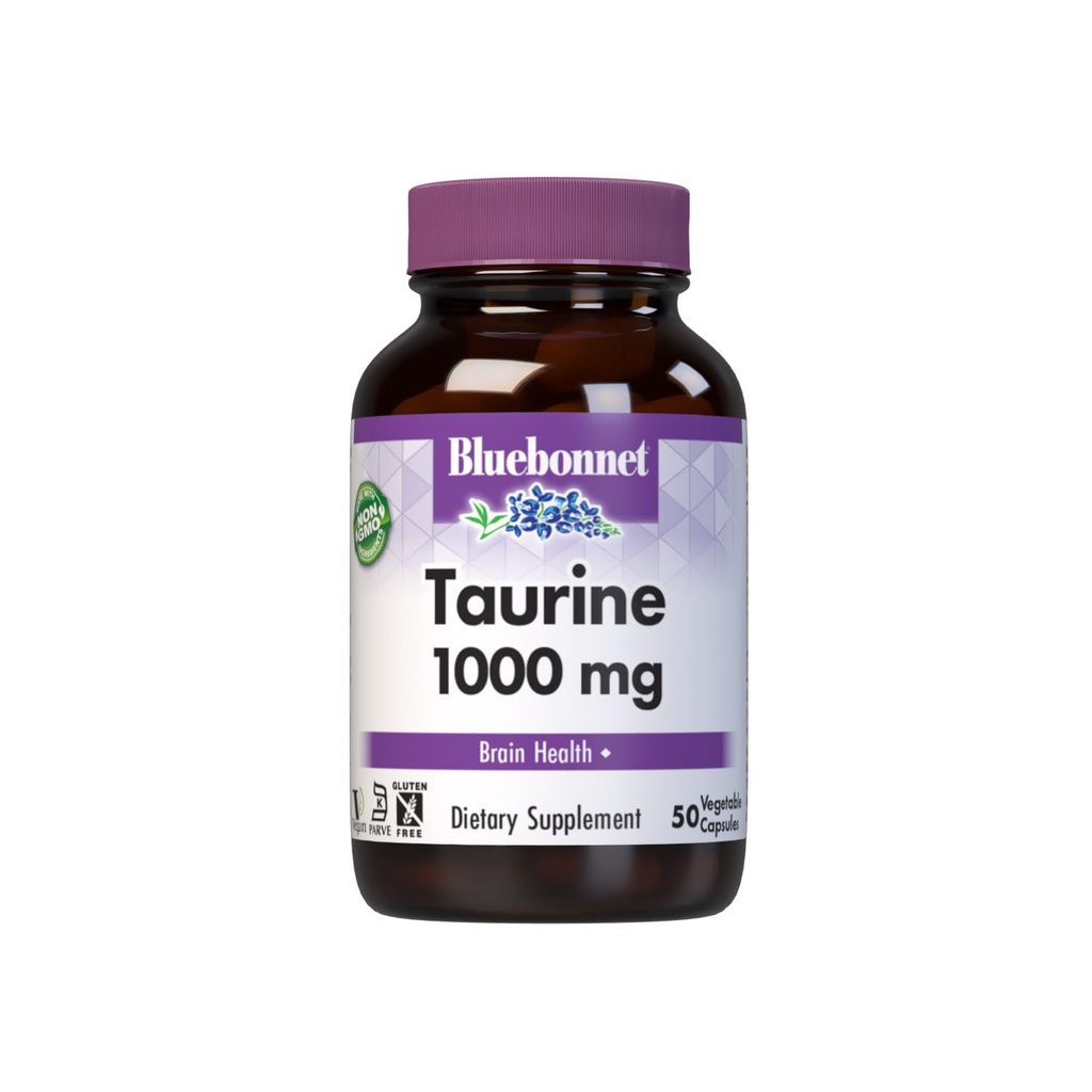 Bluebonnet Nutrition Taurine 1000 mg, Santé du système nerveux*, Non-OGM, Vegan, Certifié Casher, Sans gluten, Sans soja, 50 capsules végétales, 50 portions