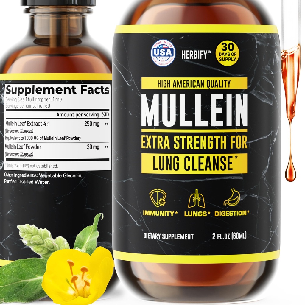 HERBIFY Mullein Extract 2 oz Tinctuur voor de ademhaling gezondheid, Mullein blad en bloemen Blend (Verbascum Densiflorum)