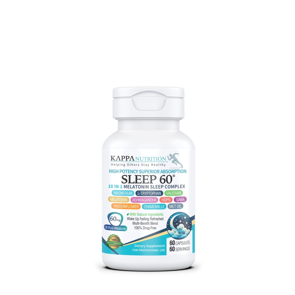 KAPPA NUTRITION Sommeil 60, Aide au sommeil, 60mg de mélatonine, 60 jours d'approvisionnement, Capsules de végétalien non Habit formant des ingrédients naturels pour le coucher plus facile, supplément à base de plantes, racine valériane, Camomille non-OGM