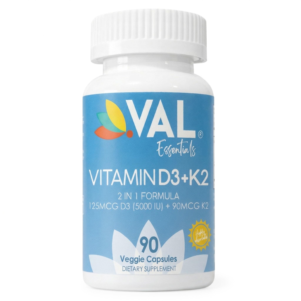 VAL Vitamine D3 + K2 (MK-7) 5000 IE & 90 mcg Ondersteuning van botten en hart- en vaatziekten Hoge potentie, niet-GMO, gemakkelijk doorslikken 90 Vegan Capsules