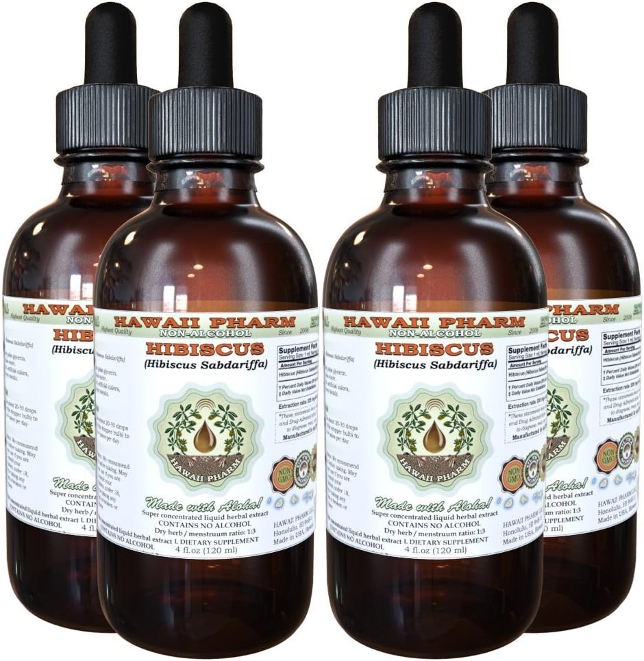 Hibiscus Alcoholvrije Liquid Extract, Biologische Hibiscus (Hibiscus Sabdariffa) Gedroogde Bloem Glycerite Hawaii Pharm Natural Herbal Supplement 4x4 oz