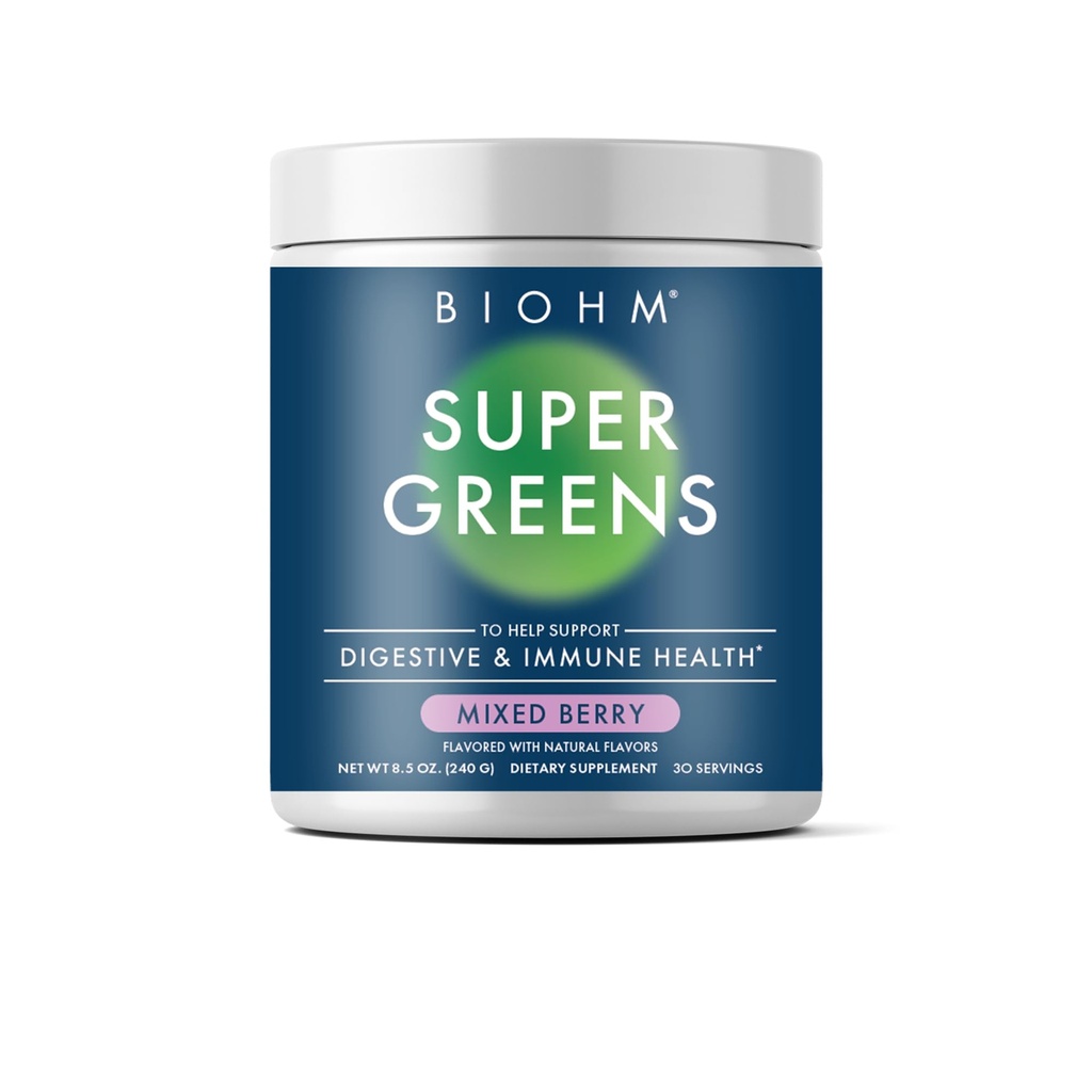 BIOHM Super Greens, Green Superfood Powder (8,5 Oz, 30 Servings) Antioxidant Veggie Powder & Smoothie Mix, 34 Superfoods & Spirulina, Digestieve Enzymen, Prebiotica en Probiotica, Gemengde Berry Flavor
