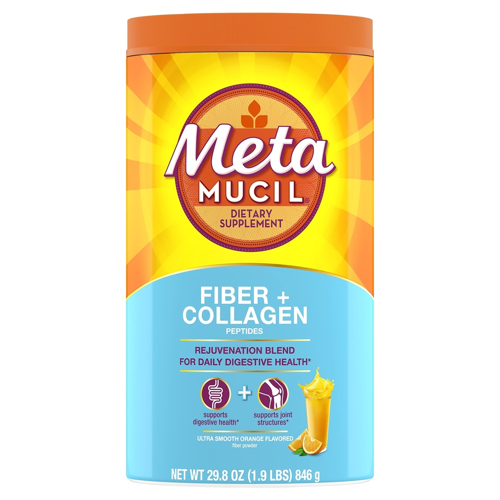Metamucil Daily Fiber + Collageen, Psyllium Husk Powder, Plant Based Fiber Supplement, Sugar-Free met Stevia, 3-in-1 vezelsupplement voor de spijsvertering gezondheid, oranje smaak, 90 doses