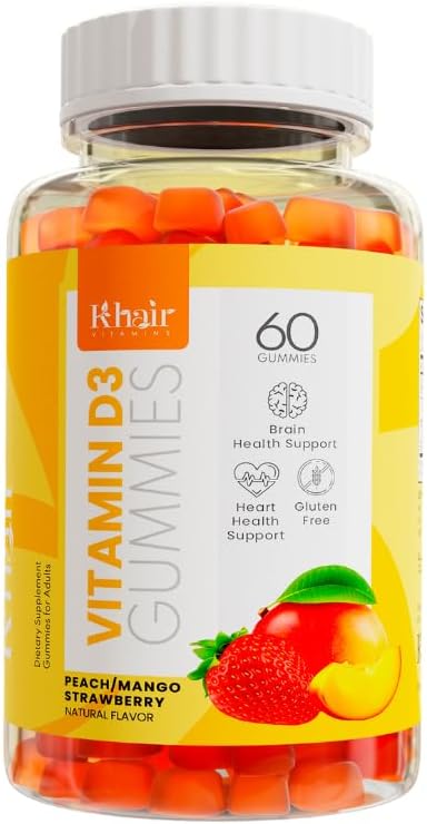 Khair Halal Vitamine D3 Gummies for Bone & Muscle Support - Non-GMO, Gluten & Gelatine Free, Vegetarische, Halal-Certified, Natural Mango, Peach & Aardbei Smaken - 60 Gummies