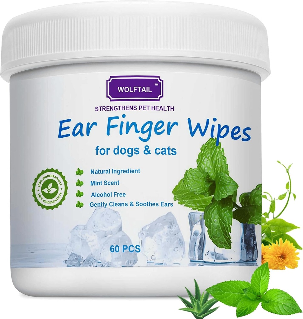 Hondenoordoekjes voor honden & katten, 60 tellen grote grootte - voorzichtig verwijderen oorwax, puin - Sooths & Deodorizes - Verlicht oor jeuk & ontsteking, verse kokos geur