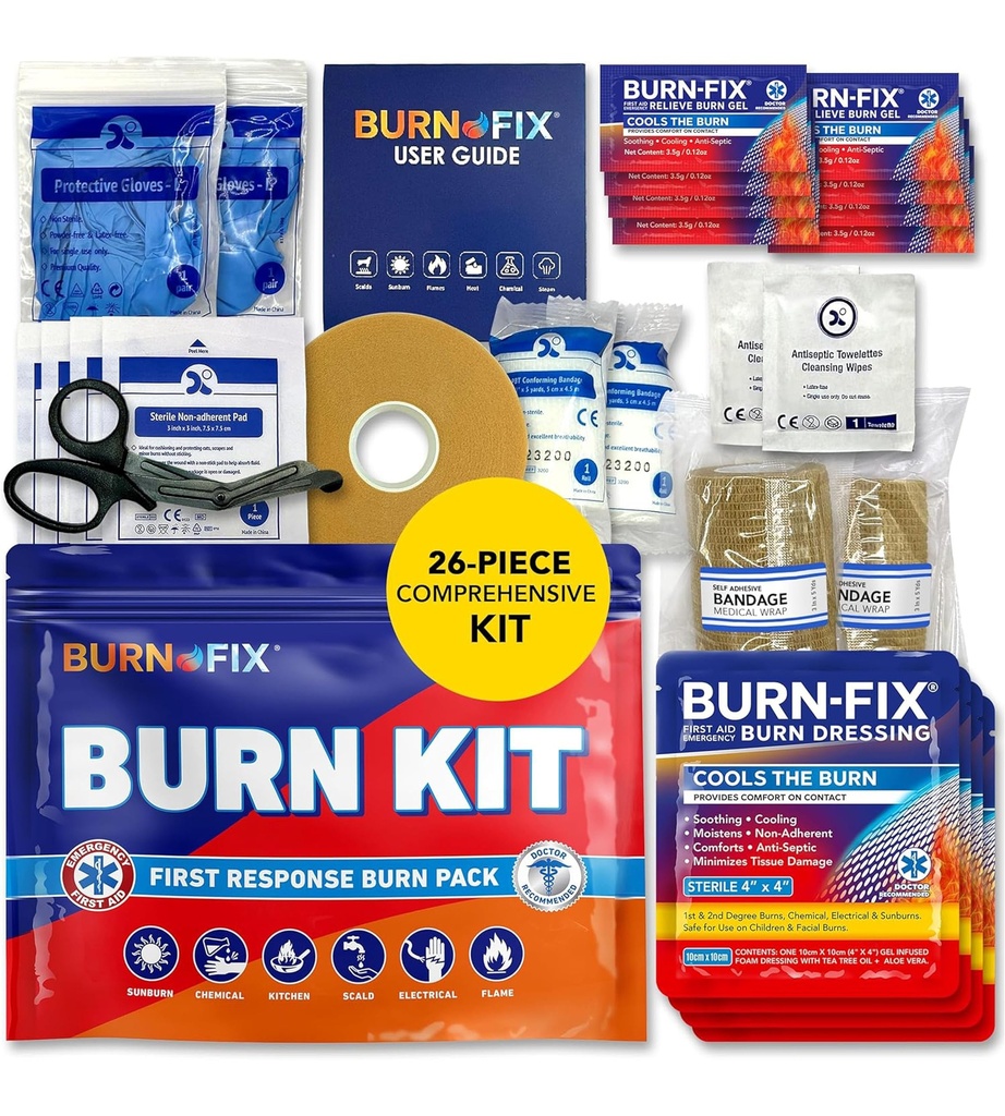 BurnFix® Burn Kit Premiers soins pour les brûlures d'urgence – Traitement de la brûlure de 26 pièces avec gel de refroidissement, dressings et gants – Cuisine, Sunburn, Chimique et Scald Relief – Maison, Bureau, Voyage