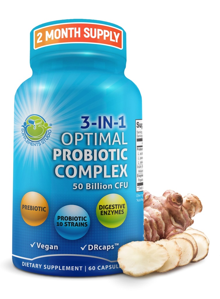 Probiotics with Digestive Enzymes and Prebiotic for Women and Men - 3-In-1 Vegan Probiotic Prebiotic Multi Enzyme Complex for Gut Health - Maximum Absorption Delayed-Release Capsules