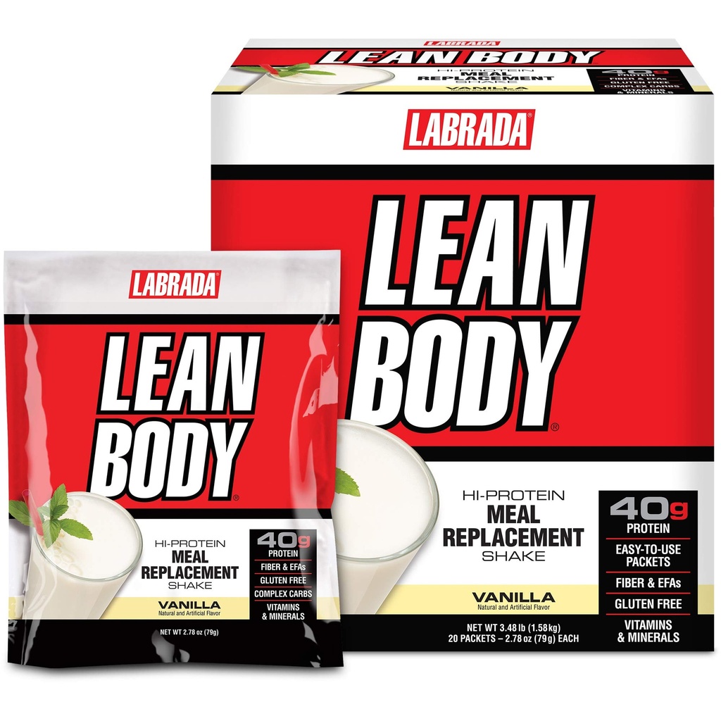 Lean Body MRP All-In-One Vanille Maaltijd Vervangingsshake, 40g Proteïne, Wei Blend, 8g Gezonde vetten EFA's & Vezel, 22 Vitaminen en Mineralen, Geen kunstmatige kleur, Glutenvrij, (20 Packets)