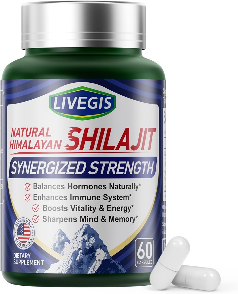 Himalaya Shilajit Capsules Balance Hormonen, Boost Immuniteit, Verbeter vitaliteit & Geheugen, High-Potency Supplement met diverse ingrediënten,Non-GMO Natural & Organic - 60 Counts