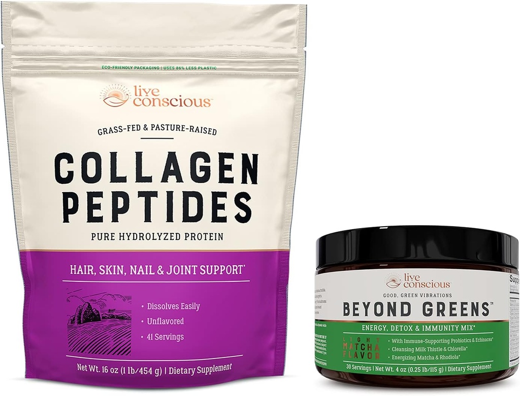 Collageen Peptides & Beyond Greens Hair, Skin, Nail, and Joint Support + Immune Boost, Detox, & Energy