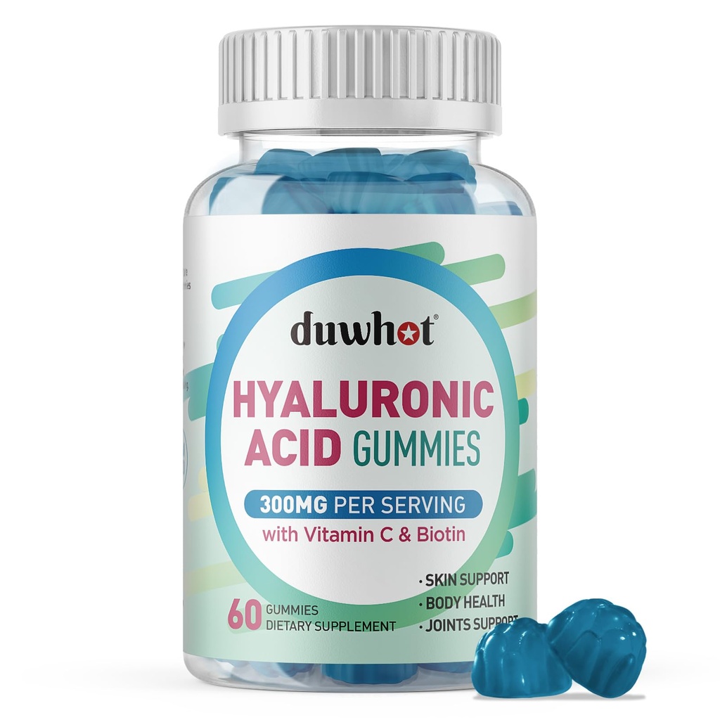 Hyaluronzuur Gummies, Hyaluronzuur Supplementen met vitamine C & Biotin 5000mcg voor huid, haar, nagels gezondheid, gewrichten supplementen voor vrouwen & mannen, lage suiker, Vegan, niet-GMO, 60 Counts