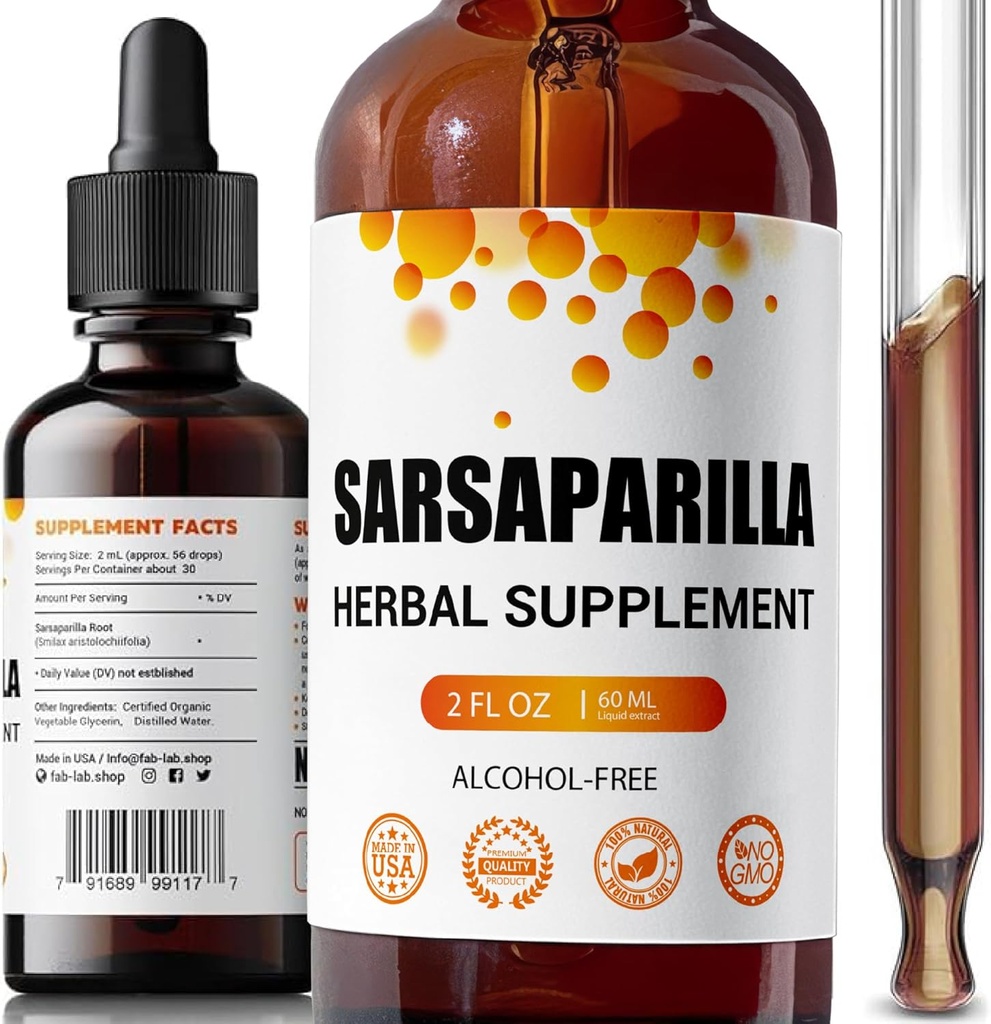 FabLab Sarsaparilla Root Tinctuur - Herbal Supplement voor Detox en Immune Ondersteuning - 2 Fl Oz - Alcoholvrije - Non-GMO - Ondersteunt gezonde huid, hormoonbalans, en spijsvertering