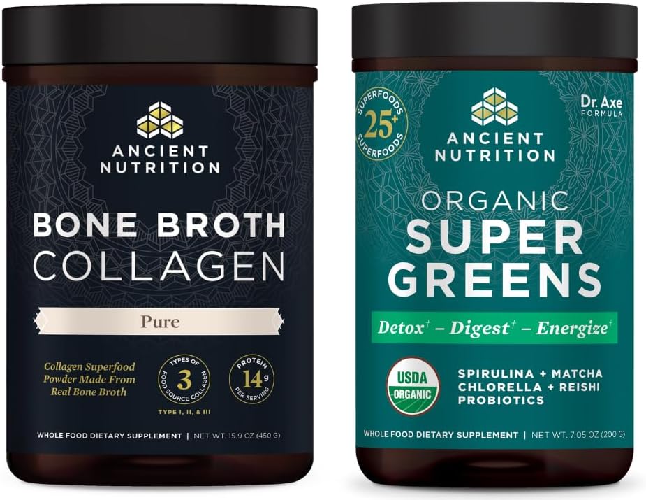 Oude voeding Bone Broth Collageen poeder, Pure, 30 porties + Biologische Supergreens Poeder, Groenen smaak, 25 porties