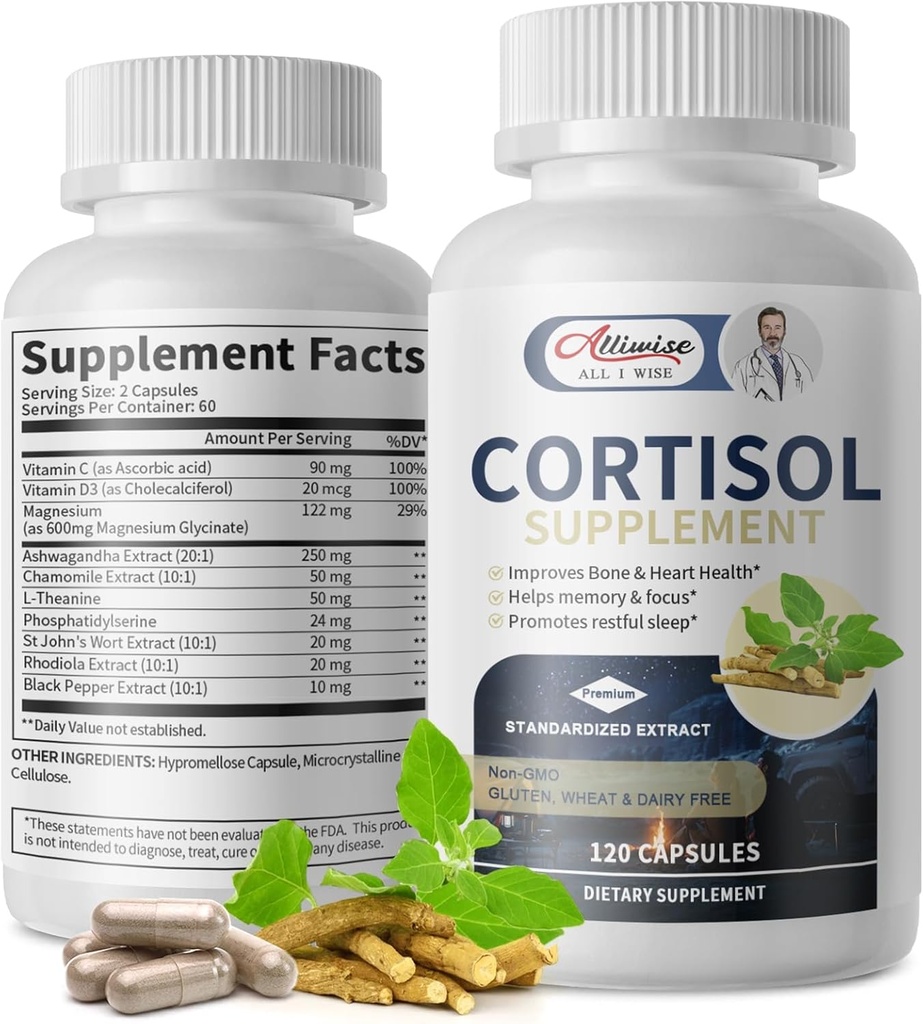 Cortisol Supplementen voor vrouwen en mannen, Cortisol Manager met Magnesium, Ashwagandha,Rhodiola, L-Theanine, Balanced Cortisol Niveaus voor Mood, Focus,Zzz Ondersteuning