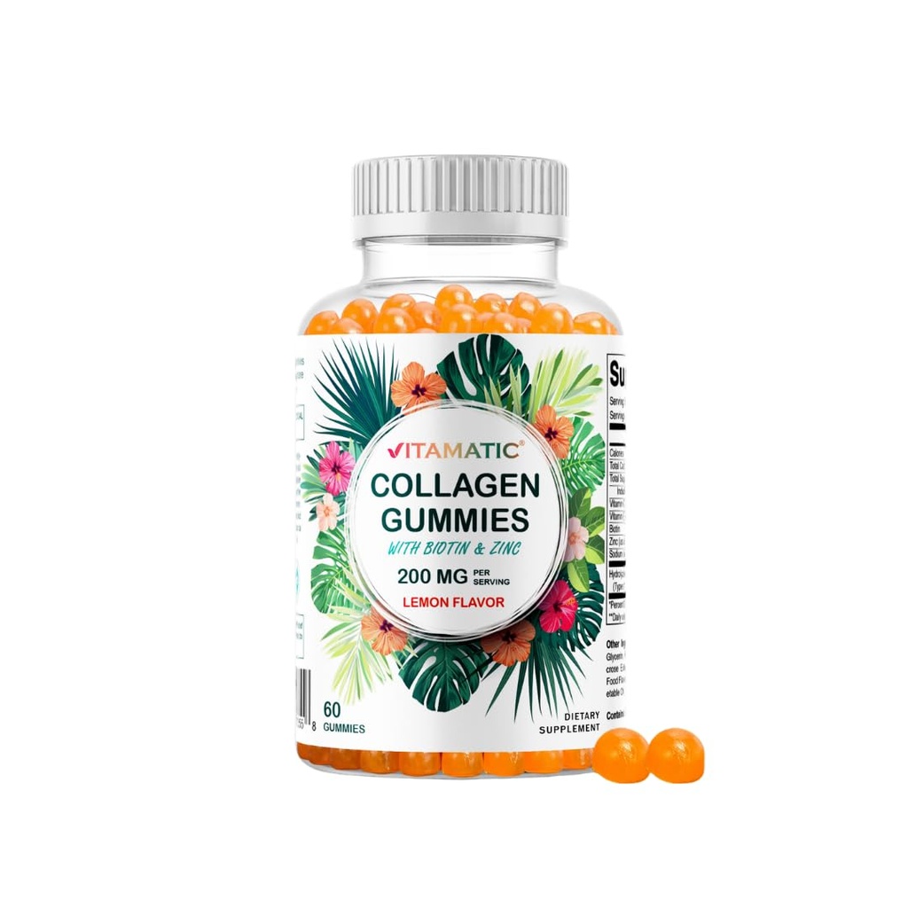 Gommies de collagène hydrolysés Vitamatique avec vitamine C, zinc et biotine, 200 mg - Soutien cutané sain - 60 Gommies