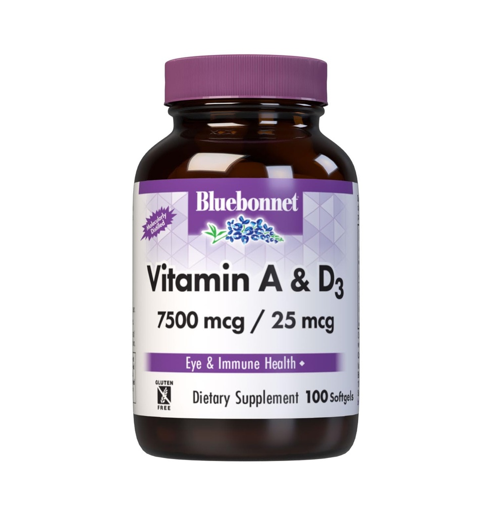 Bluebonnet Nutrition Vitamine A & D3 25.000 IE/1.000 IE uit Deep Sea, koud water, visolie - Voor Eye Health & Immune Function* - Glutenvrij - Zuivelvrij - Moleculair gedistilleerd - 100 Softgel/Servings