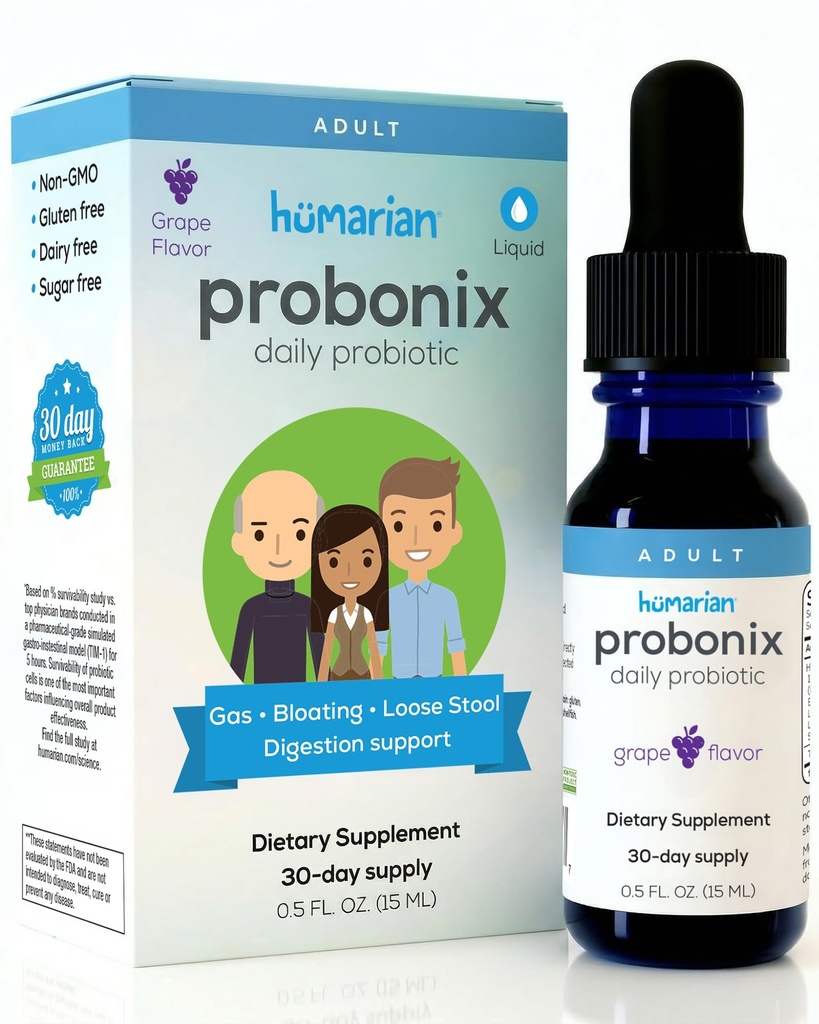 Probiotiques humariaux de Probonix pour adultes - Des gouttes probiotiques de 12 Strain pour fortifier la santé, l'immunité et plus - 30 jours d'approvisionnement - Délicieux arômes de raisin