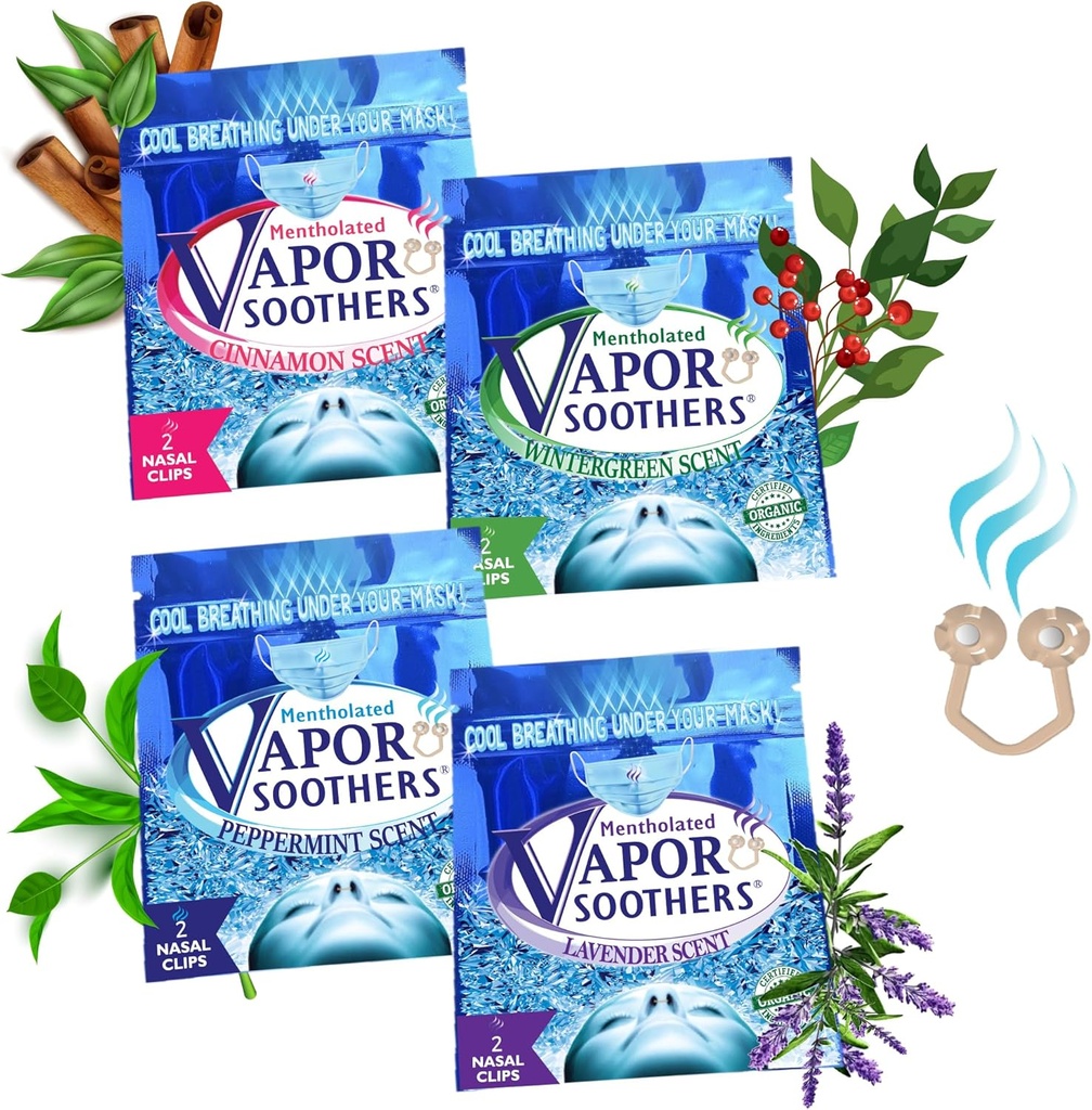Nasal Dilator Clips, Cool & Easy ademen onder uw masker, 4-scent variety Pack (Peppermint, Wintergreen, Cinnamon, Lavender), 8 Count, Instant Nasal Congestie Relief, Drug-Free