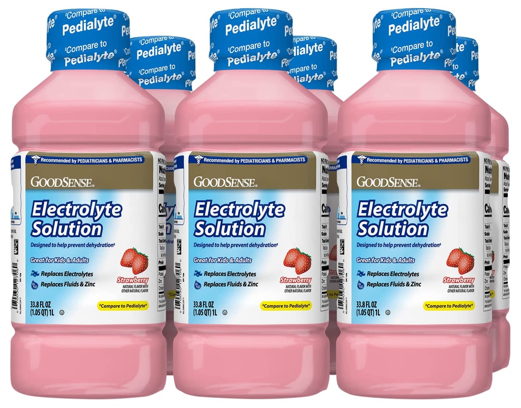 GoodSense Strawberry Electrolyte Solution, Replaces Electrolytes, Fluid & Zink, Kids & Adults, 33,8 Fluid Ounces (Pack of 6)