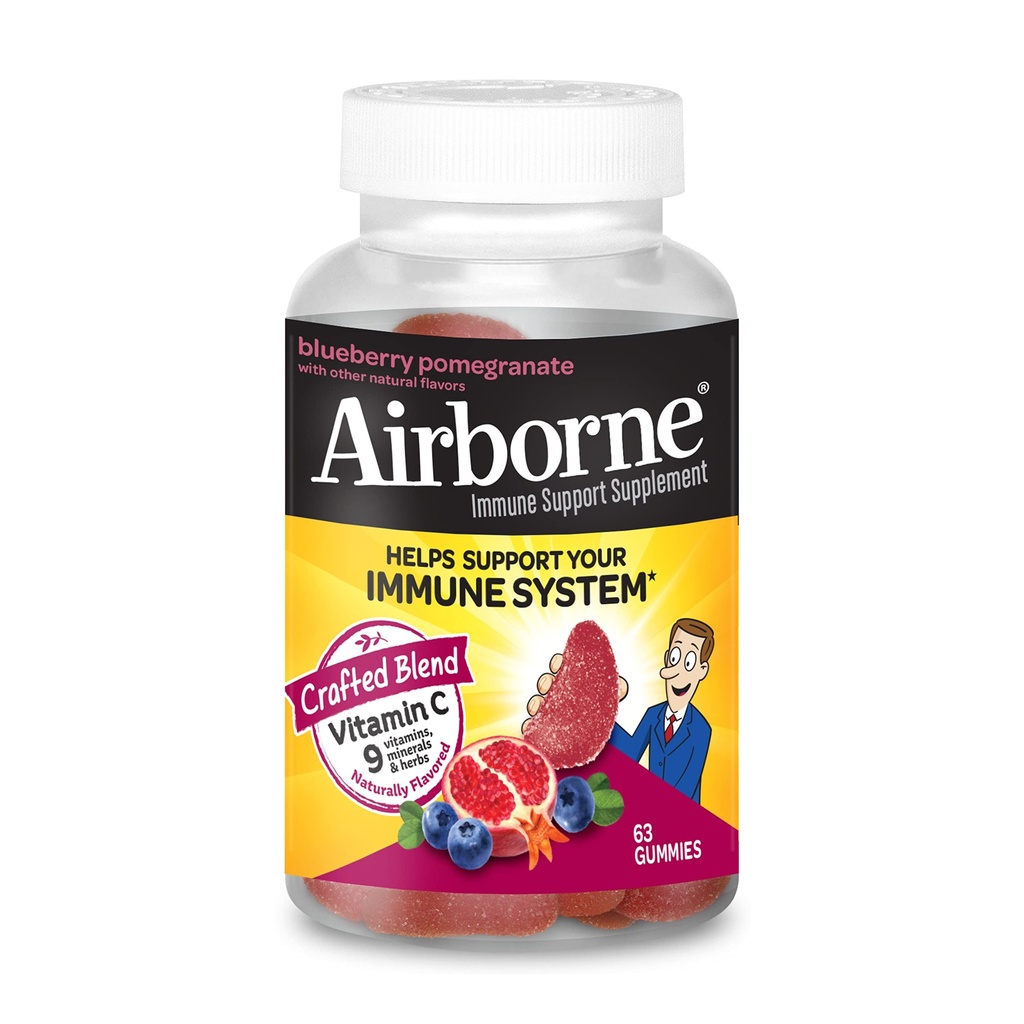 Airborne 750mg Vitamin C Gummies for Adults, Immune Support Supplement with Powerful Antioxidants Vitamins A C & E - 63 Gummies, Blueberry Pomegranate Flavor