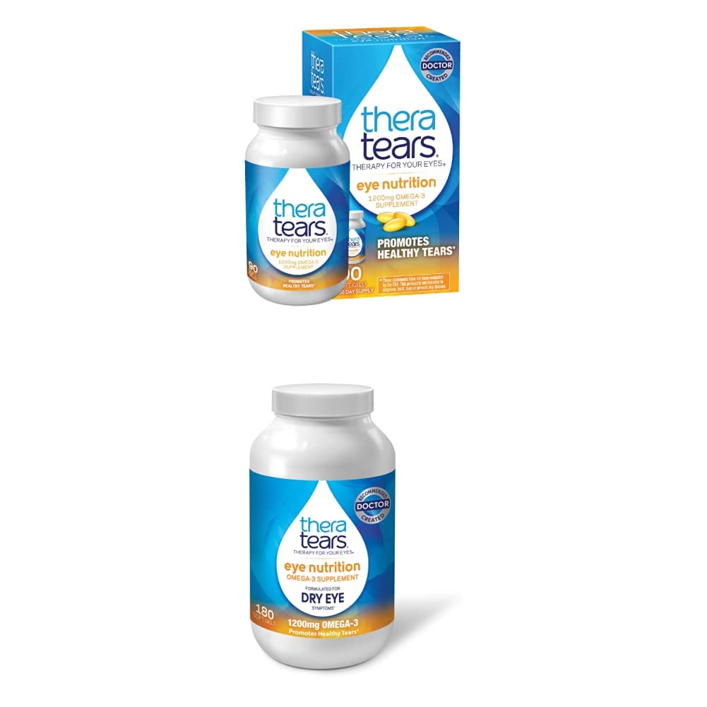 TheraTears 1200mg Omega 3 Supplement voor Eye Nutrition,Organische Vlaszaad Triglyceride Visolie & VIT E,90 Tel met Thera Tears 1200mg Omega 3 Supplement voor Eye Nutrition, & Vitamine E, 180 Tel.