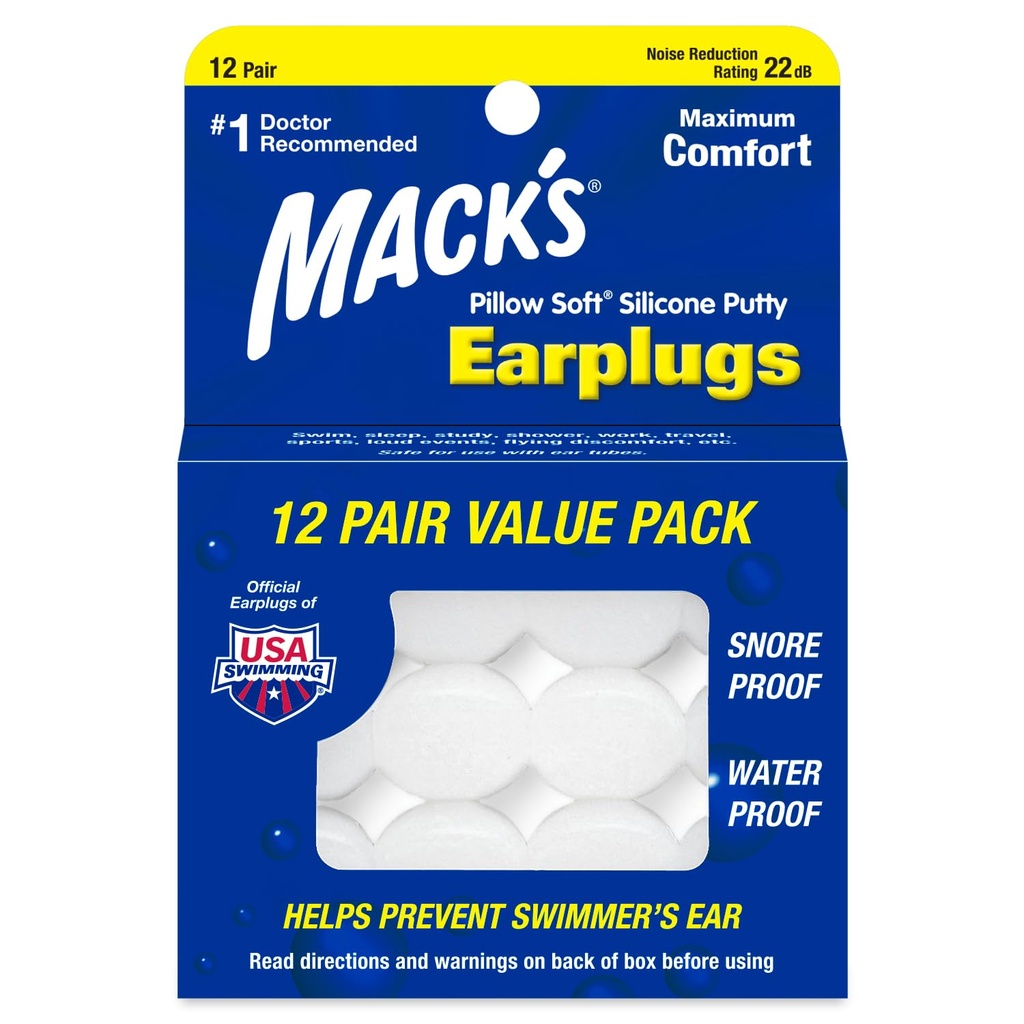 Mack's Pillow Soft Siliconen Oorpluggen, 12 Paar, de Originele Moldable Siliconen Putty Oorpluggen voor Slapen, Snurken, Zwemmen, Reizen, Concerten en Studeren Made in USA