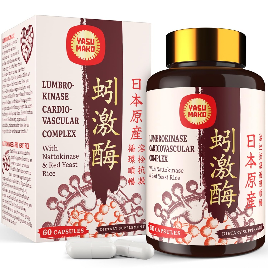Lumbrokinase 100mg (Max Activiteit 1.000.000 LKU),Nattokinase 100mg-2.000 FU activiteit en Red Yeast Rice 300mg, Potent Lumbrokinase Enzymen Supplement voor Circulatorium,Cognition,60 Capsules(Pack of 1)
