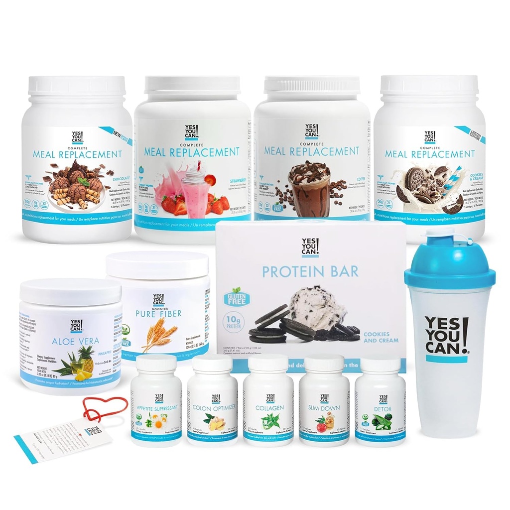Yes You Can! All-in-One Kit with Meal Replacement Shakes, Aloe Vera Drink Mix, Fiber Shake Mixer, Protein Snacks, Supplements - Complete Wellness Kit