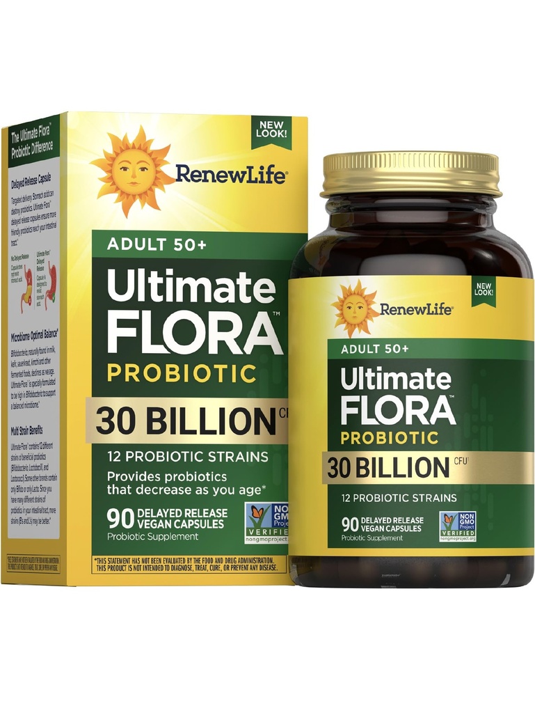 Renouveler la vie Probiotique Adulte 50 Plus Capsules Probiotiques, Supplément quotidien soutient la santé urinaire, digestive et immunitaire, L. Rhamnosus GG, laiterie, soja et sans gluten, 30 Million CFU, 90 Compte