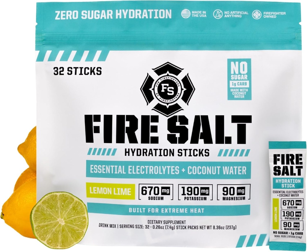 Fire Science Fire Salt Hydration Sticks, Electrolytes & Coconut Water, Hydration Drink Mix with Magnesium, Kalium & Natrium, Zero Sugar, Single Serve On The Go Packs, Lemon Lime Flavor, 32 Tel.