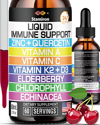 Zinc Quercetin Vitamine C D3 Immune liquide avec vitamine A K2 Echinacea Chlorophylle et Elderberry - 9in1 Immune Defense Drops Complex pour l'immunité Santé respiratoire - 60 portions